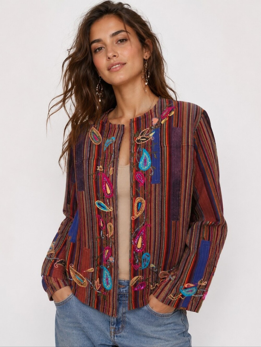INDIGO MOON 100% SILK PAISLEY APPLIQUÉ JACKET ART TO WEAR STRIPED BEADED L